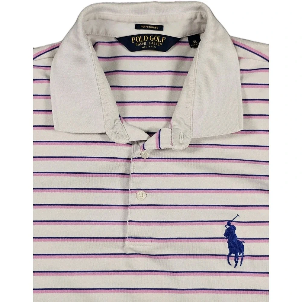 Polo Golf Ralph Lauren Performance Polo Mens XL White Pink Stripe Bellagio Pony